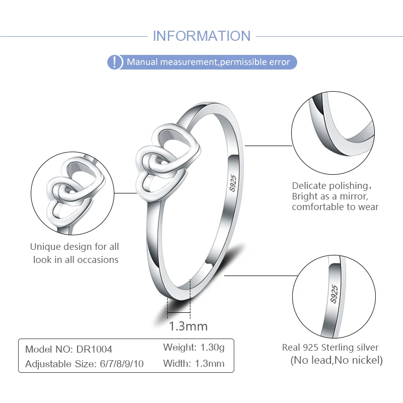 CLUCI Silver 925 Romantic Double Heart Anniversary Ring Simple Design Women Engagement Ring Gift Jewelry DR1004SB