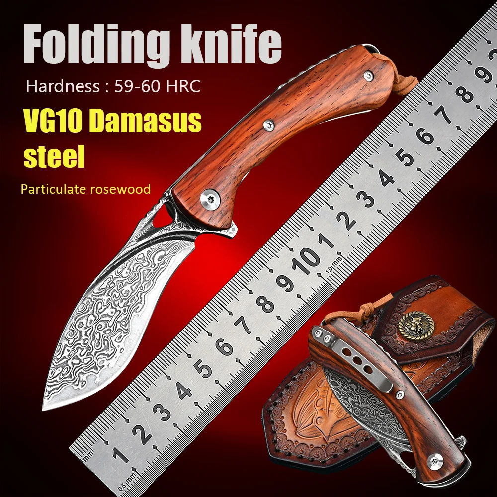 

Wood Handlel Tactical Folding Blade Knife Pocket Self Defense For Women VG10 Damascus Knife Camping Utility