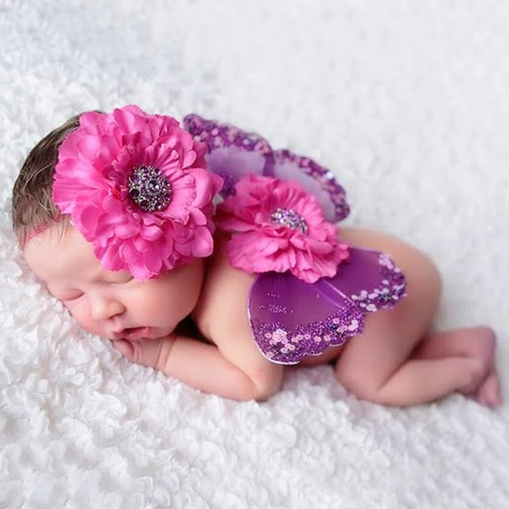 Newborn Photography Props Cute Butterfly wings+Big Flower Diamond Baby Headdress Studio Babies Shooting Photo Prop Accessories