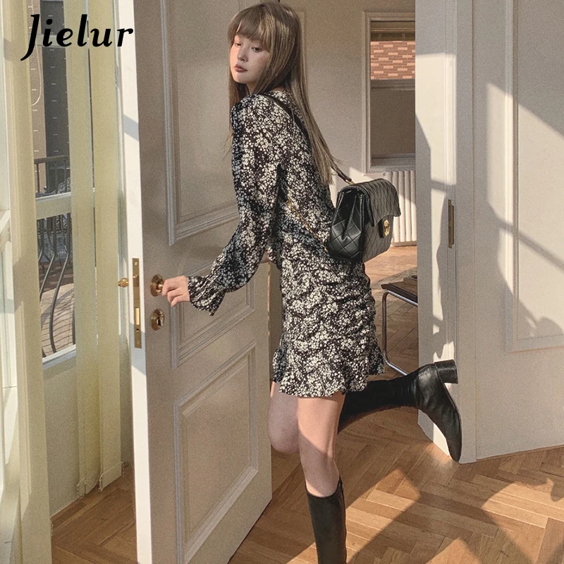 Jielur Vintage Spring Floral Mini Dress Fashion Women Long Sleeve Square Collar Dresses A-line High Street Party Dress Vestidos