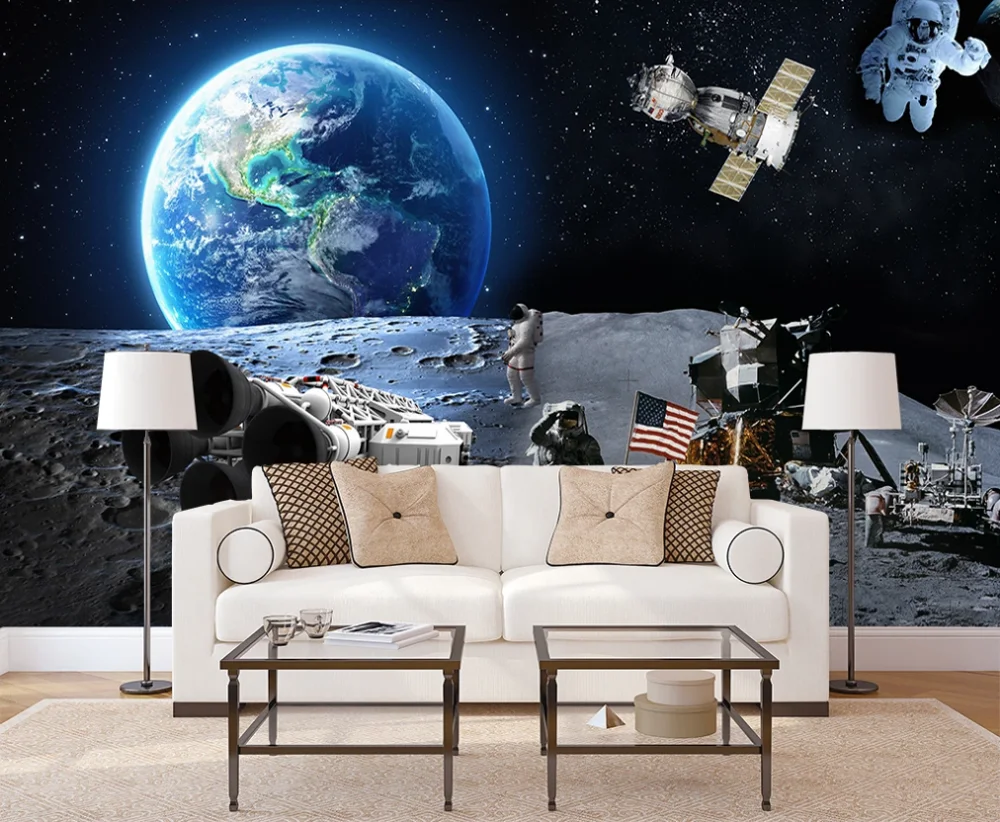 Kertas Dinding 3D Kustom Mural 3D Pendaratan Bulan Astronot Semesta Bumi Pesawat Ruang Angkasa Latar Belakang Dinding Kamar Anak-anak Latar Belakang Dinding