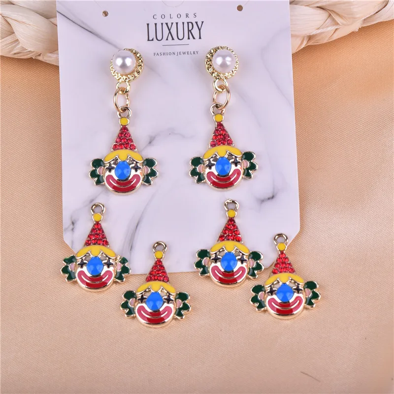 10pcs/pack  Clown Drool Circus Metal Enamel Charms Pendant Rhinestone Joker Earring Bracelet Dangle DIY Jewelry Making