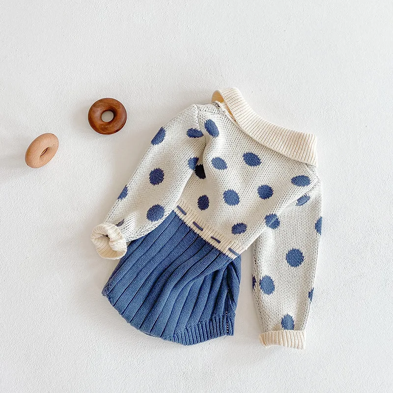 Baby Girl Autumn Clothes 2023 Newborn Polka Dot Knit Bodysuit Patchwork False Sets for Baby Jumpsuits