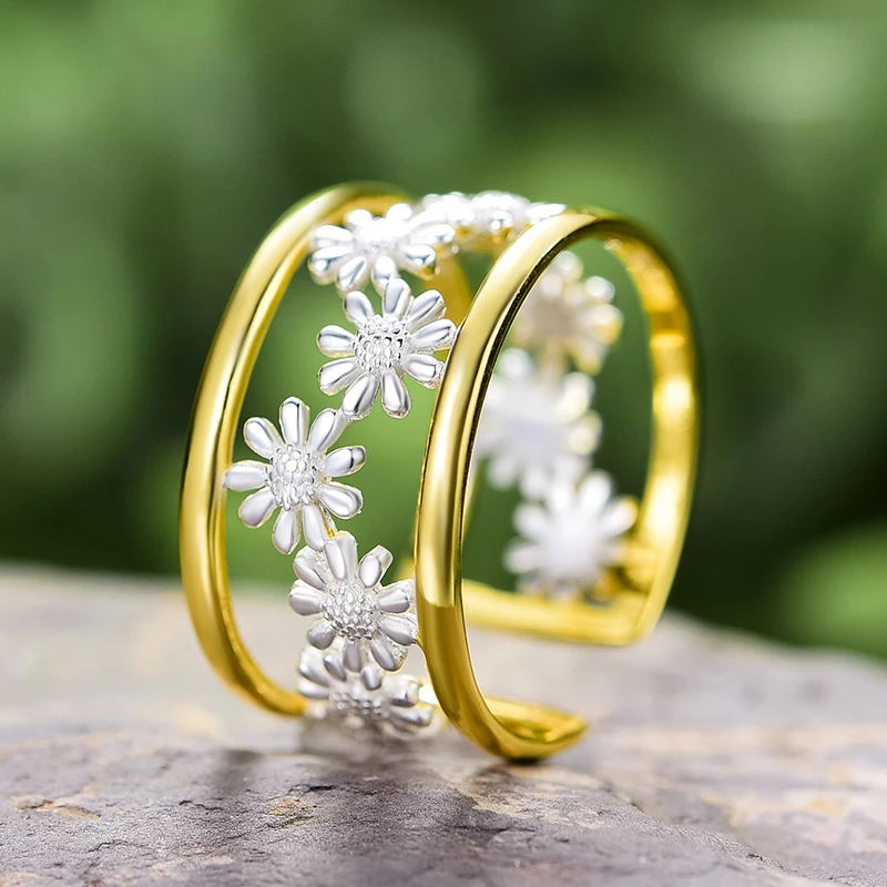 Anillos ajustables con flor de Margarita pequeña y elegante para mujer, Plata de Ley 925 auténtica, joyería fina de oro de 18K Original de lujo