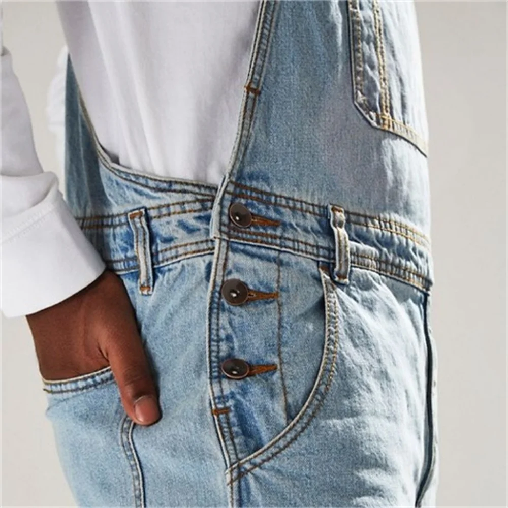 EH·MD® Sling One-Piece Jeans Men\'s Seasonal Large Chest Pockets Can Be Matched With Belts Pure Cotton Sky Blue Stretch Straight