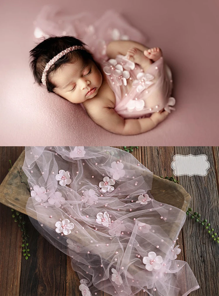 2024 Newborn Photography Props Flower Pearl Mesh Wrap Background Baby Lace Cloth Pillow for Photo Shoot Studio Props Accessories