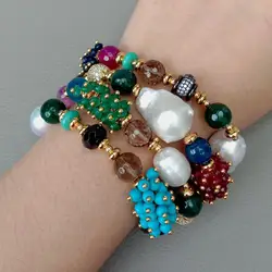 Y.YING 8'' 4 Strands Cultured White Keshi Pearl Agates Jades Turquoises Cz Bracelet