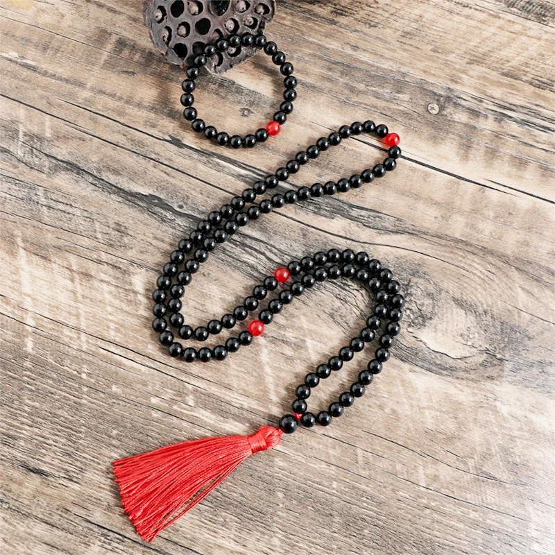 8mm Natural Stone Black Onyx Red Agate Japamala Sets Prayer Jewelry Yoga Meditation 108 Mala Beads Neckalce