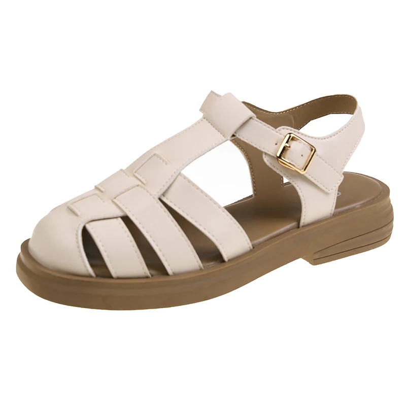 Shoes Closed Toe Sandals 2024 Women\'s Breathable Summer Heels Buckle Suit Female Beige New Fashion Low Girls Gladiator Flat Stra