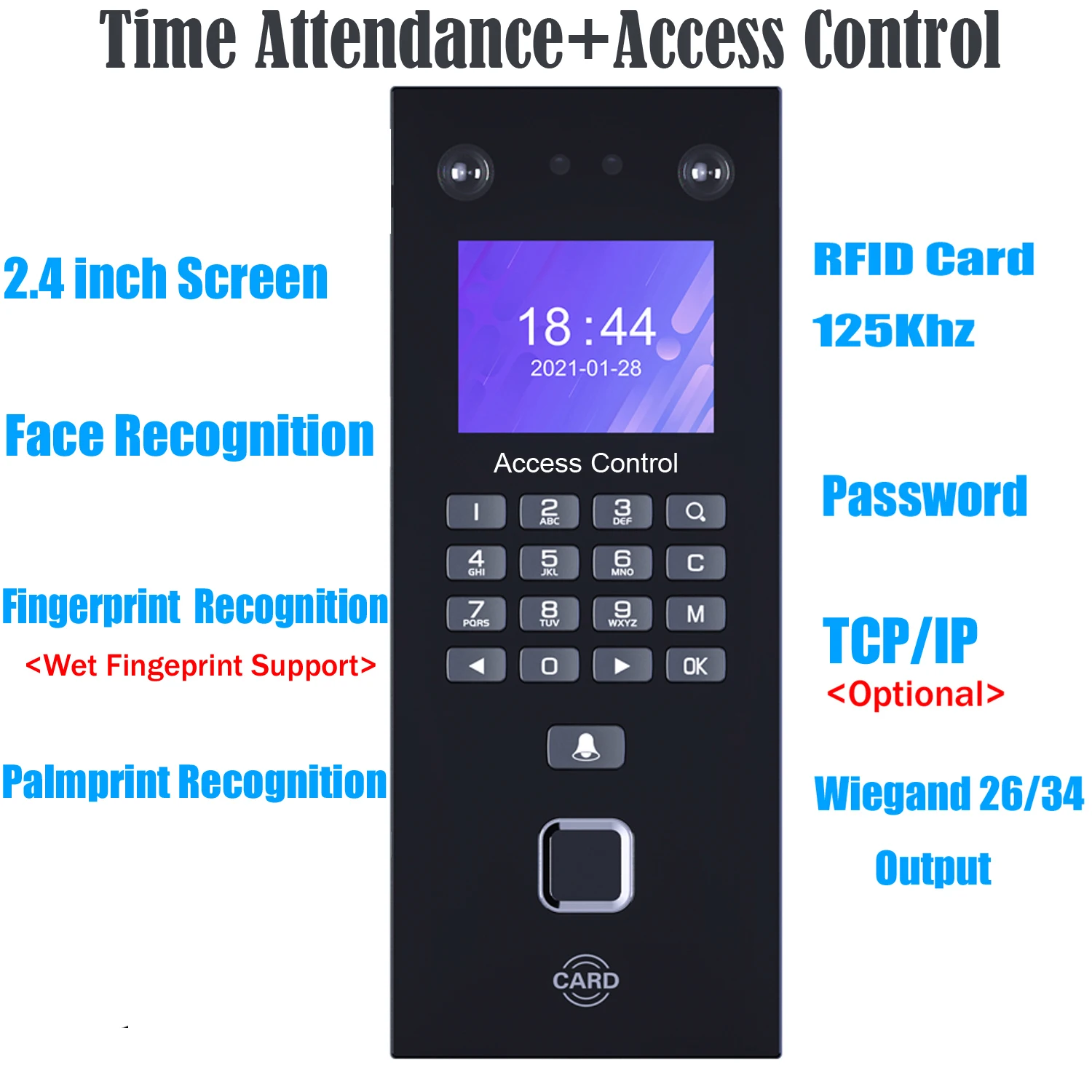 2.4inch Face Recognition Access Control Fingerprint Time Attendance Keypad 125Khz Rfid Card Palmprint Recognition TCP/IP USB
