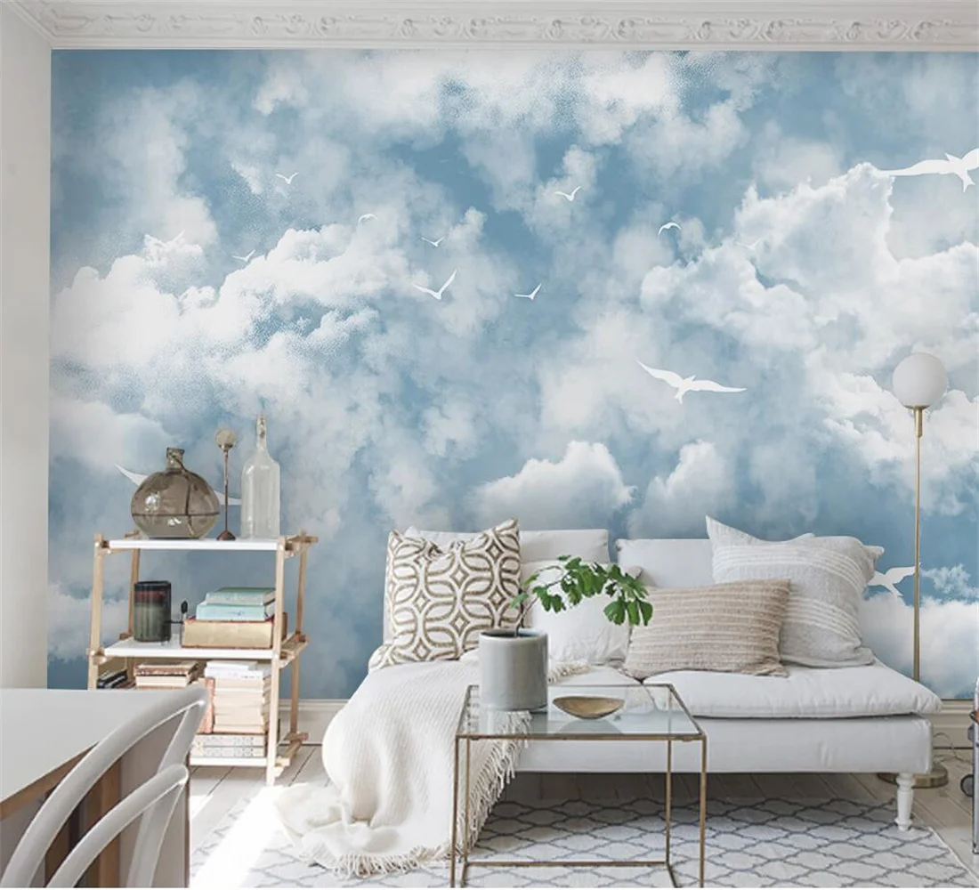 

Modern custom wall stickers simple Mediterranean blue sky white clouds seagull children's room background wall 3d wallpaper