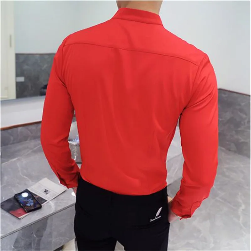 2021 Nightclub Men\'s Work Shirt Solid Color  , Fashion V-neck White Mens Shirts , High-quality Hotel Waiter Slim Shirt Men