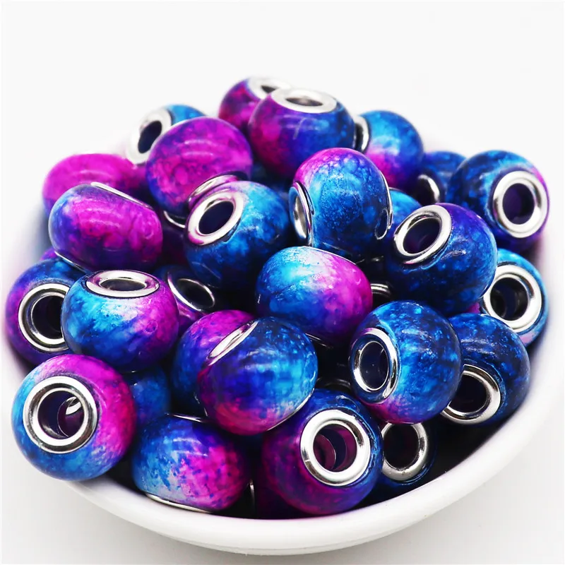 10Pcs 16mm Big Round Loose 5mm Large Hole Marbling Murano Glass Beads Fit European Charm Bracelet for Jewelry Making Necklaces