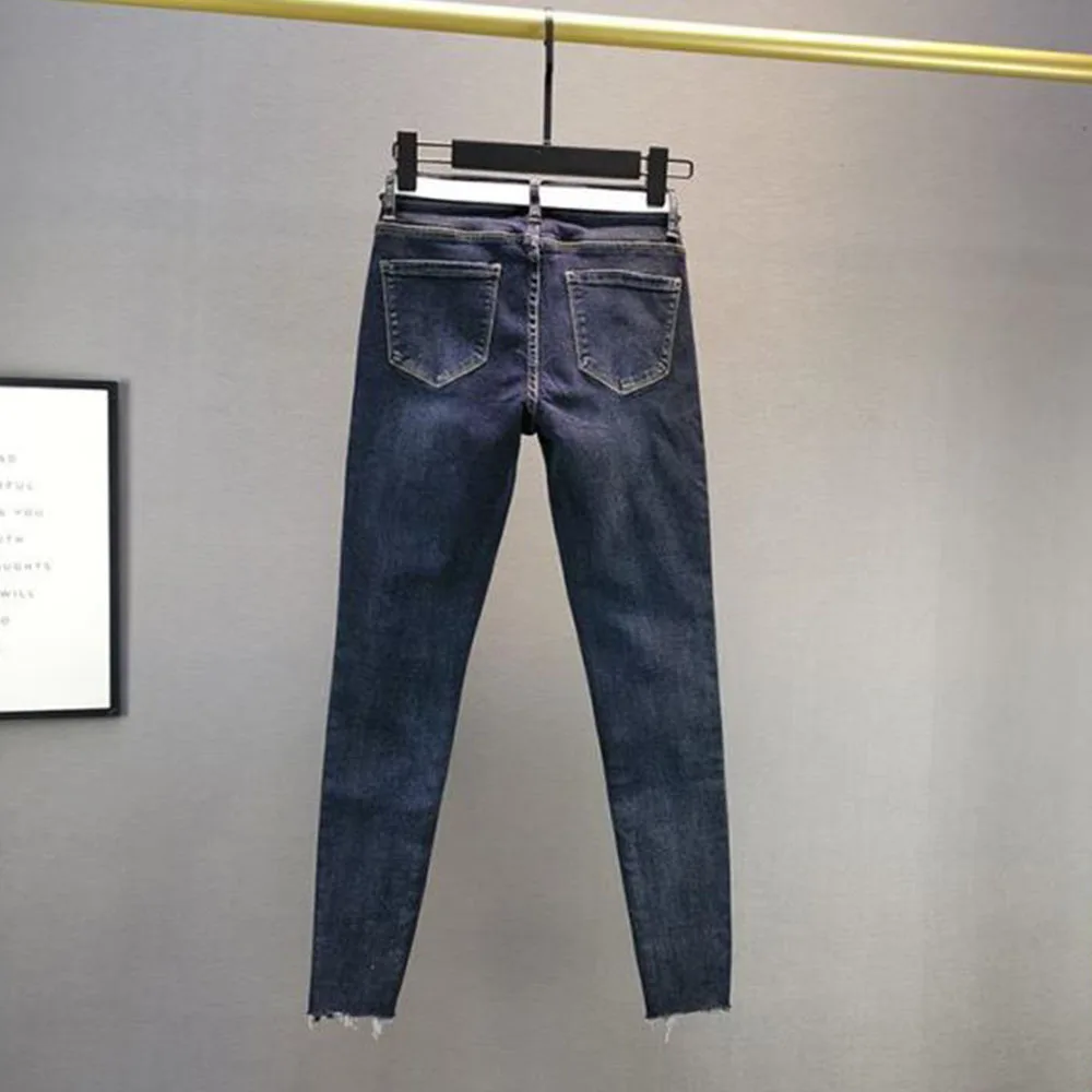 Jean déchiré taille haute pour femme, pantalon crayon en denim délavé, papillon perlé, mode décontractée