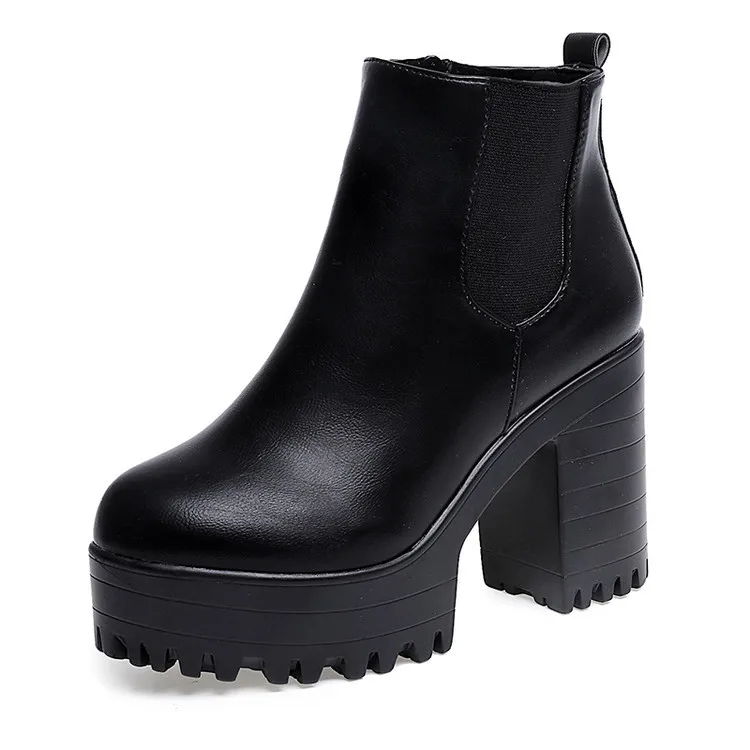 New Black Boots Female Leather Women Boots new Thick Heels Ankle Boots For Women Round Toe Winter Shoes Women fashion Platform