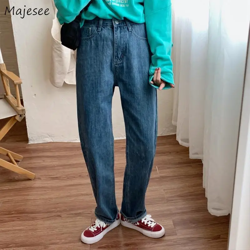 

Jeans Women Straight Loose Denim Washed BF Ins Students Stylish High Waist Vintage Female Design Bottoms Baggy Button Distressed