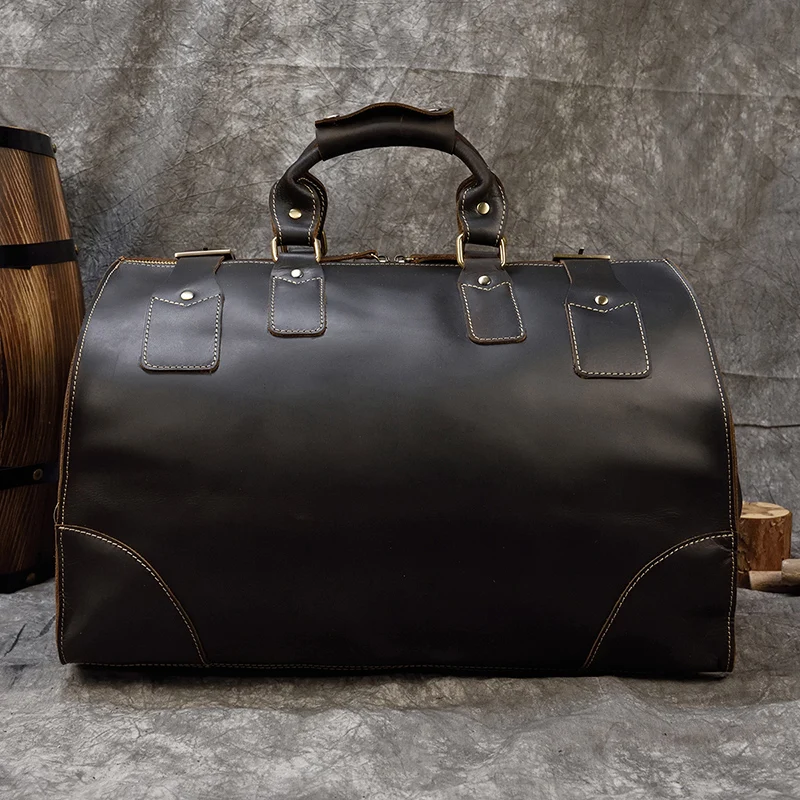 Men Crazy Horse Leather Travel Bag Dark Brown Large Capacity Women Travel Duffel Cowhide Weekend Luggage Bags Travel Handbag