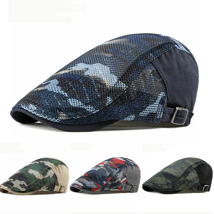 Beret Cap Summer Sun Hats for Men Women Breathable Men Trucker Mesh Cap Adjustable Camouflage Ivy Newsboy Flat Cap Berets