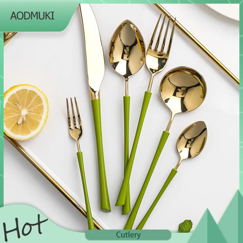 Gold Dinnerware Set with Green Handle Stainless Steel Cutlery Spoon Fork Knife Dinnerware Dinner Set Western Tableware Teaspoon