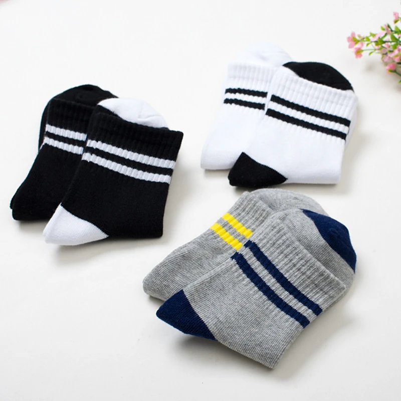 Boys Socks Cotton Children Sport Two Striped School Socks for Kids Short Socks Boys Girls Old School White Black Gray Color 3-8Y