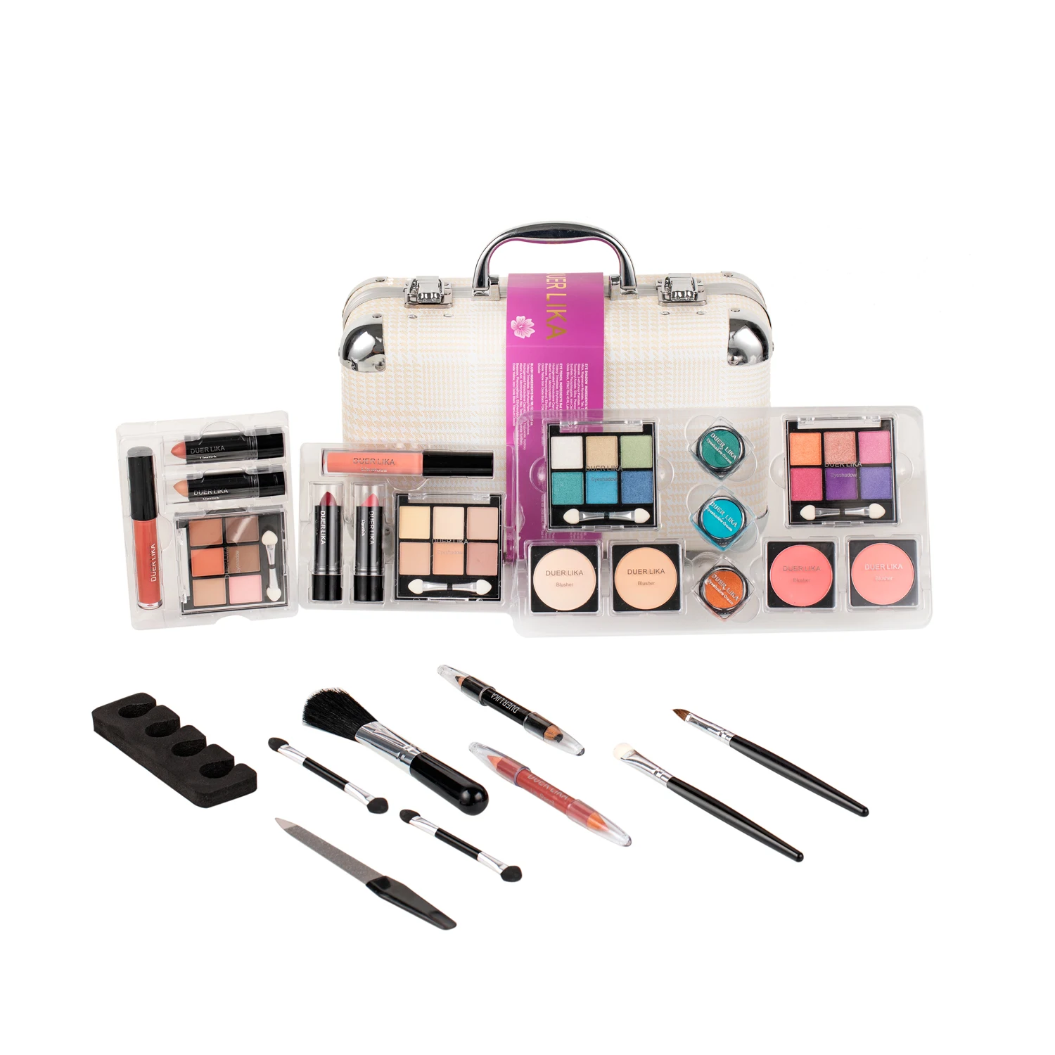 DUER LIKA Carry  Professional 24 Color Eyeshadow Blush Makeup Set Train Case with Pro Make Up Kit and Reusable Aluminum BOX