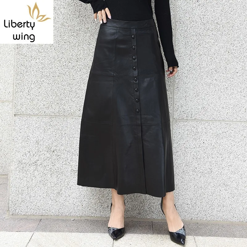 

High Quality Genuine Woman Long Fashion Single Breasted Lady A Line Skirts Elegant Slim Party Leather Skirt