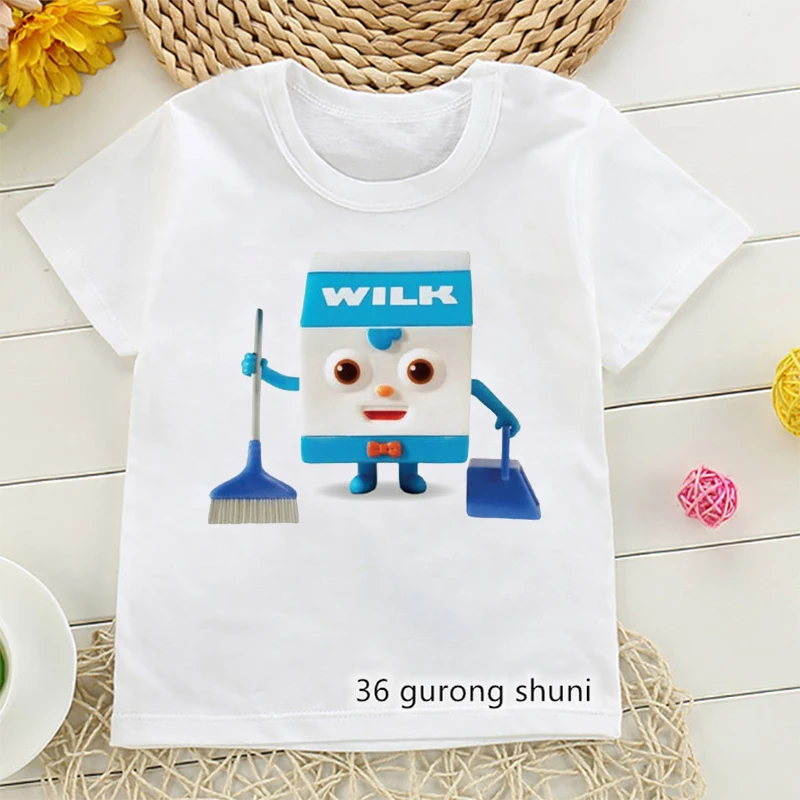 Cute Bread Cartoon Print T-shirts para crianças, barbearia, camisa branca, Tops Kawaii engraçados, roupas para meninas e meninos, novo, por atacado