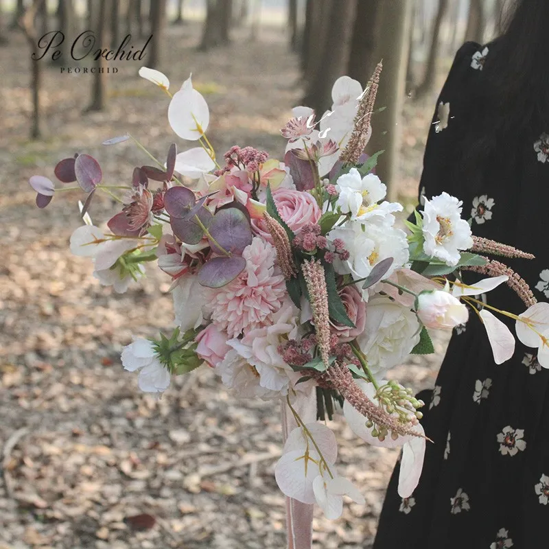 

PEORCHID Artificial Rustic Boho Flower Bridal Bouquet Pink White Roses And Peony Faux Wedding Silk Bouquet De Mariage