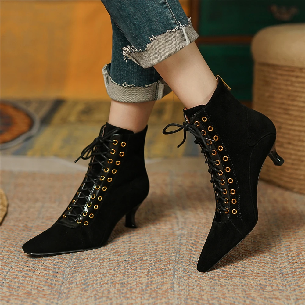 MILI-MIYA Fashion Pointed Toe Women Full Genuine Leather Ankle Boots Zipper Thick Heels Solid Color Size 34-40 Handmade For Lady