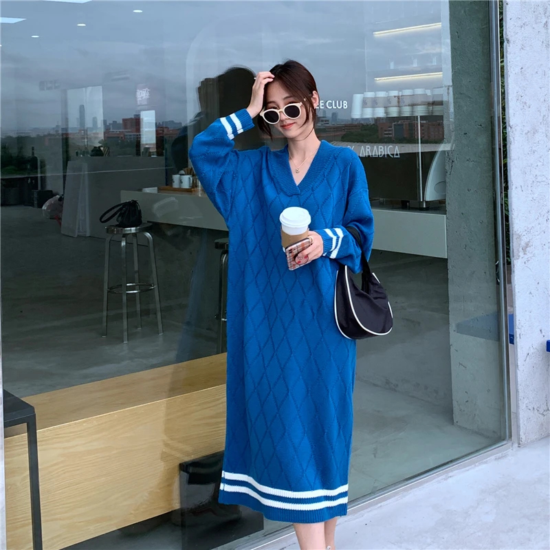 WAVSIYIER thick knitted casual sweater dress women autumn korean style pollover 2020 new winter jumper dresses woman warm strip