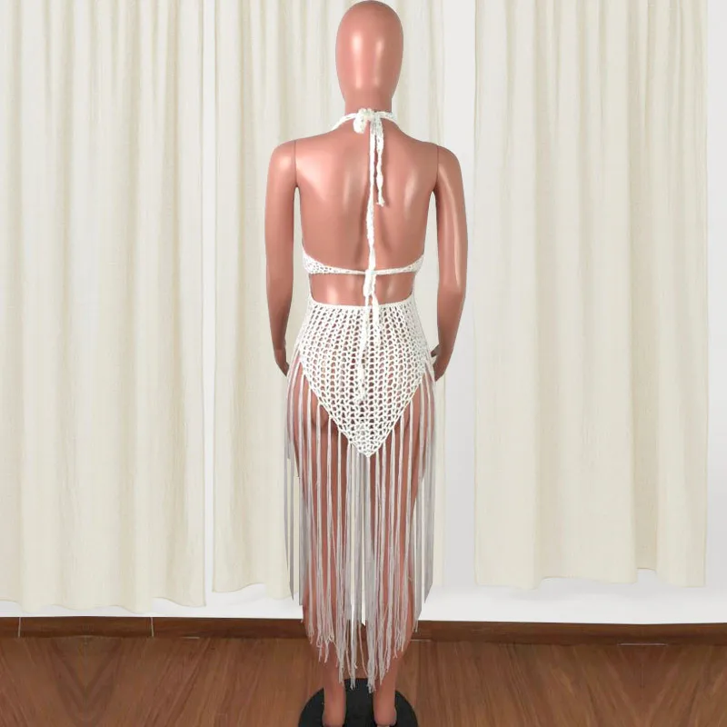 Strand Häkel-Bikini-Vertuschung, sexy Neckholder, rückenfrei, Badeanzug, durchsichtig, aushöhlen, lange Quaste, Strickkleid, weibliche Badebekleidung