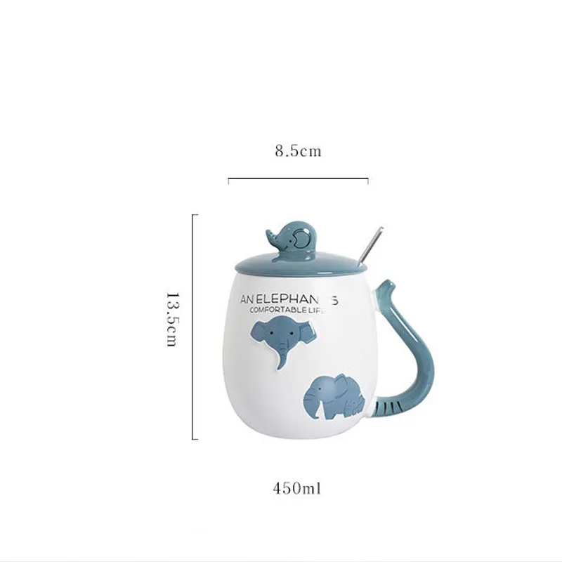 450ml Ceramic Coffee Mugs Creative Embossed Blue Color Elephant Mug With Lid And Spoon Cup Gifts for Women Girls Mom Dad