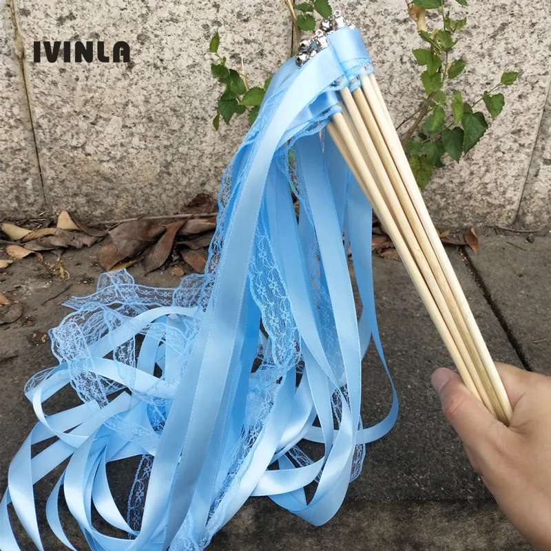 Hot 50pcs/lot  light blue Lace Wedding Ribbon Wands with sliver Bells for wedding decoration