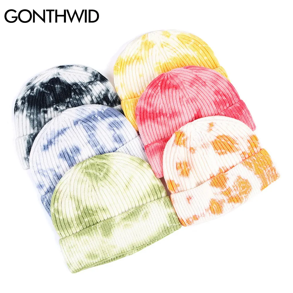 GONTHWID Knitted Tie Dye Beanies Hats Plain Cuff Beanie Knit Ski Cap Casual Skull Warm Solid Color Winter Blank Headwear Bonnets