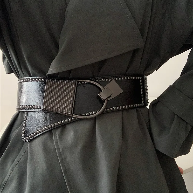 المرأة المدرج موضة بولي Leather جلدية مطاطا الشرير Cummerbunds فستان الإناث معطف الكورسيهات زنار أحزمة الديكور واسعة حزام R558