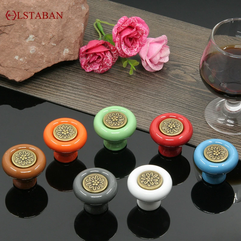 LSTABAN Chinese Style Garden Single Hole Cartoon Ceramic Rose Shape Cabinet Drawer Handle Wine Cabinet Door Handle