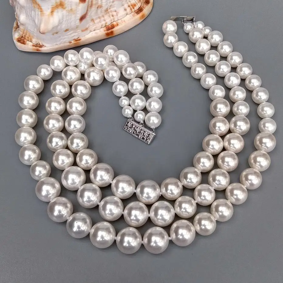 Y·YING 3 Rows White Sea Shell Pearl Graduated Necklace Multi Layers Jewelry