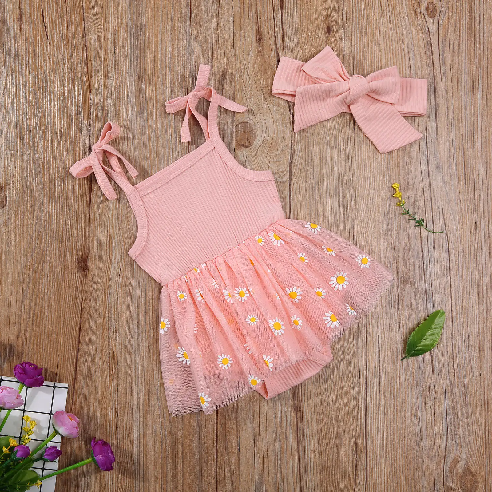 2Pcs Baby Girls Summer Outfits, Cute Self Tie Strap Sleeveless Daisy Print Tutu Romper with Headband Set