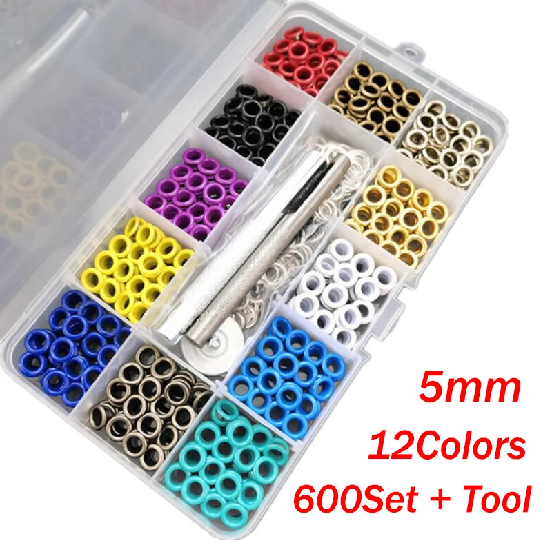 600Sets 12Colors Metal Snap Button Grommets Fasteners 5mm Eyelets Grommet Setting Tool with Storage Box DIY Sewing Accessories