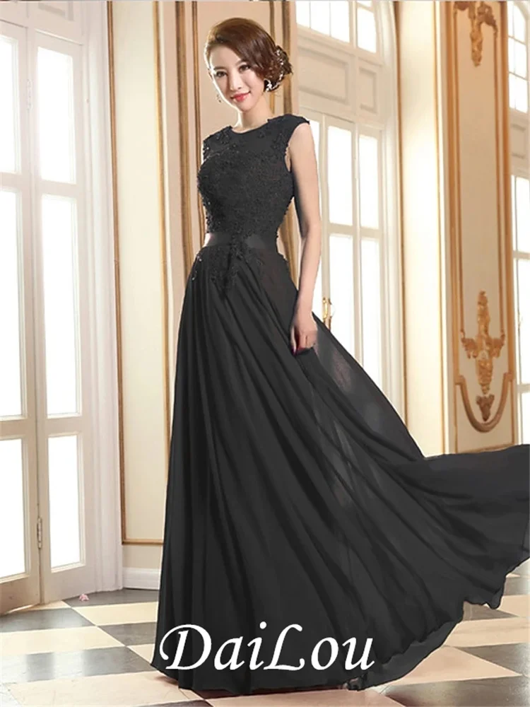 Vestido de noche Formal de fiesta Empire elegante, sin mangas, cuello de ilusión, longitud hasta el suelo, encaje con cuentas Georgette con apliques 2021