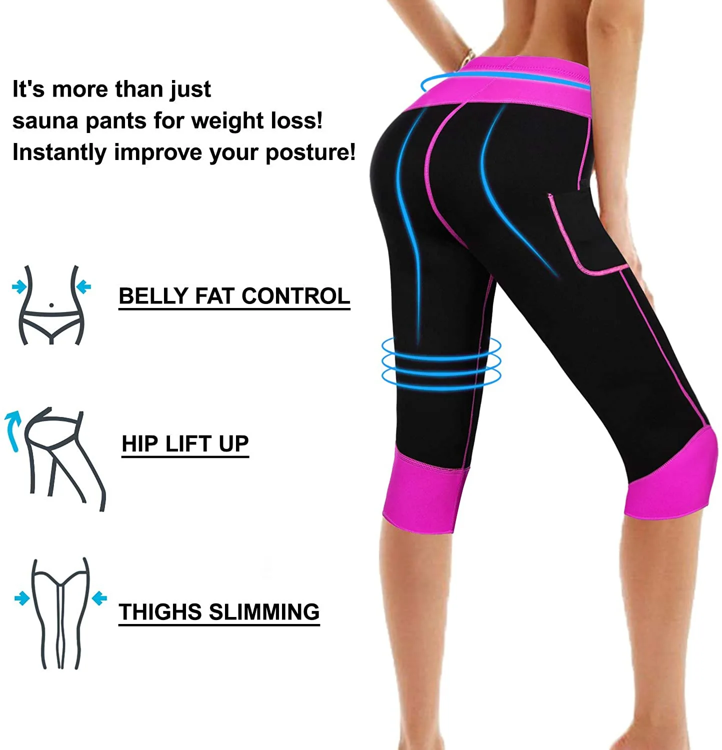 Neoprene Capris Sports Trousers Fitness Pants Tight Running Shorts Cropped Bodybuilding Sweat Yoga Pants with Side pocket