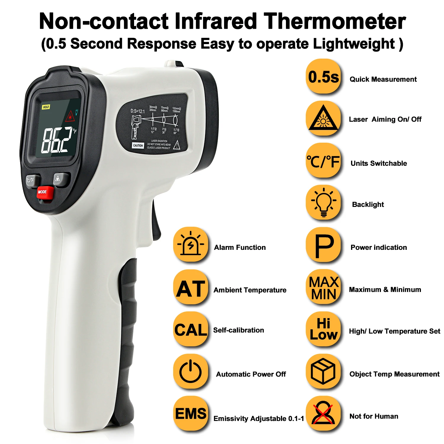 

XRCLIF Non-contact Digital Laser Infrared Thermometer Gun High Low Temperature Alarm -58℉~1112℉ Pyrometer Temperature Meter