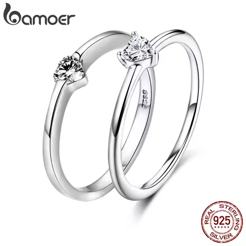 bamoer 925 Sterling Silver Luminous Finger Ring Simple Heart Wedding Rings for Women Wedding Engagement Jewelry SCR450