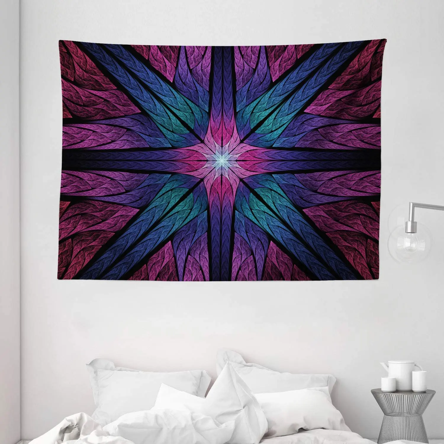 Fractal Tapestry Psychedelic Colorful Symmetrical Stained Glass Vibrant Design Wall Hanging For Bedroom Living Room Dorm