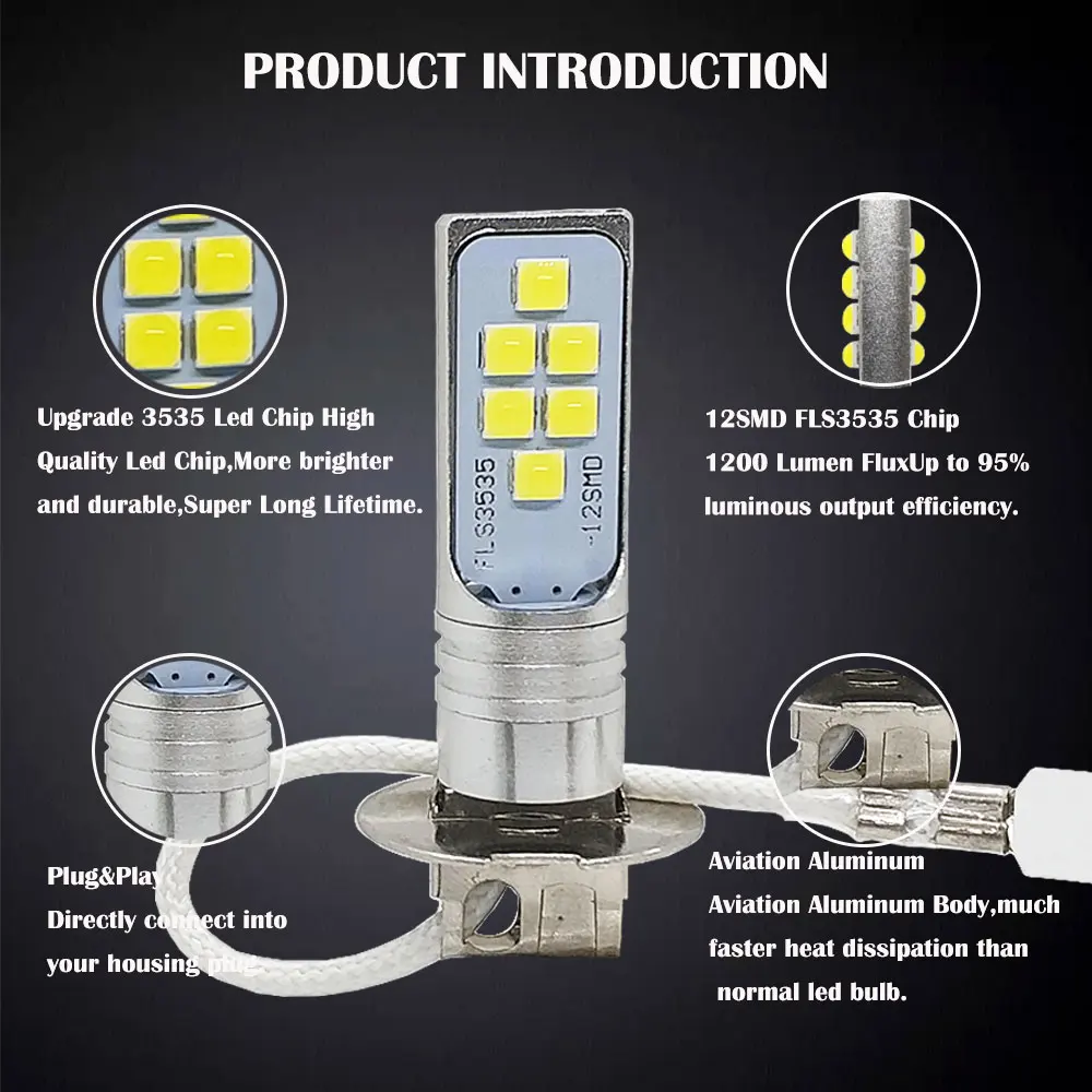 2Pcs H3 Led Bulb Car Fog Light 12 SMD 3535  Super Bright Auto Driving Led Bulbs Running Lamp Cars 12V 24V