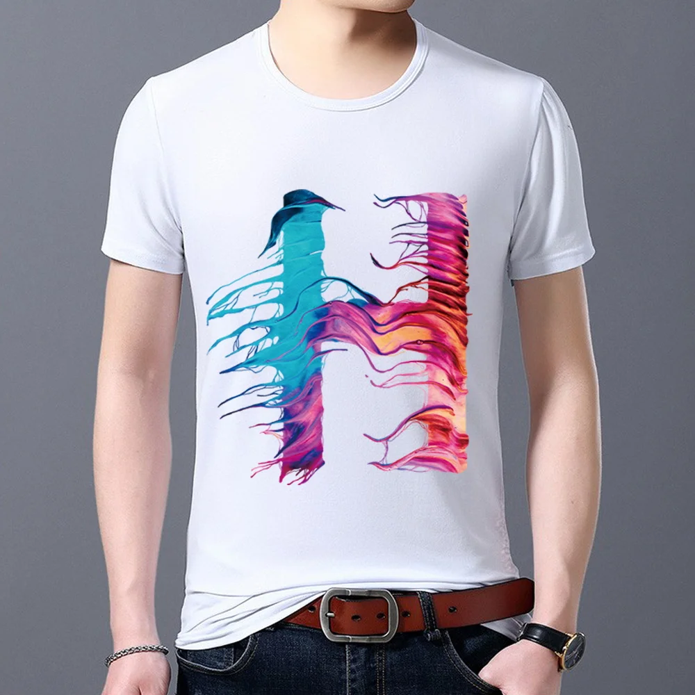 Men's Classic White T-shirt Casual Self-cultivation All-match Simple 26 English H Letter Printing Series O-neck S-5XL Paint Top