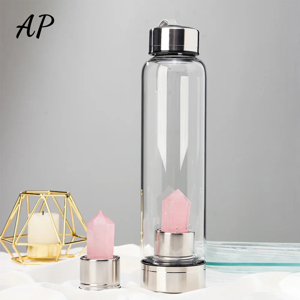 550ML  Natural Crystal Stone Water Bottle Rose Quartz Tower Glass Cup Healing Obelisk Wand Elixir Quartz Bottle