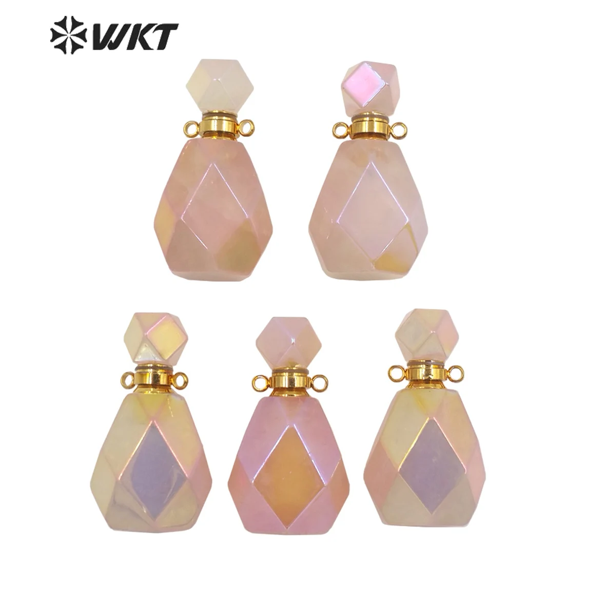 

WT-P1649 WKT new Summer Vacation choice gold pink quartz faceted cut stone perfume bottle pendant for necklace design