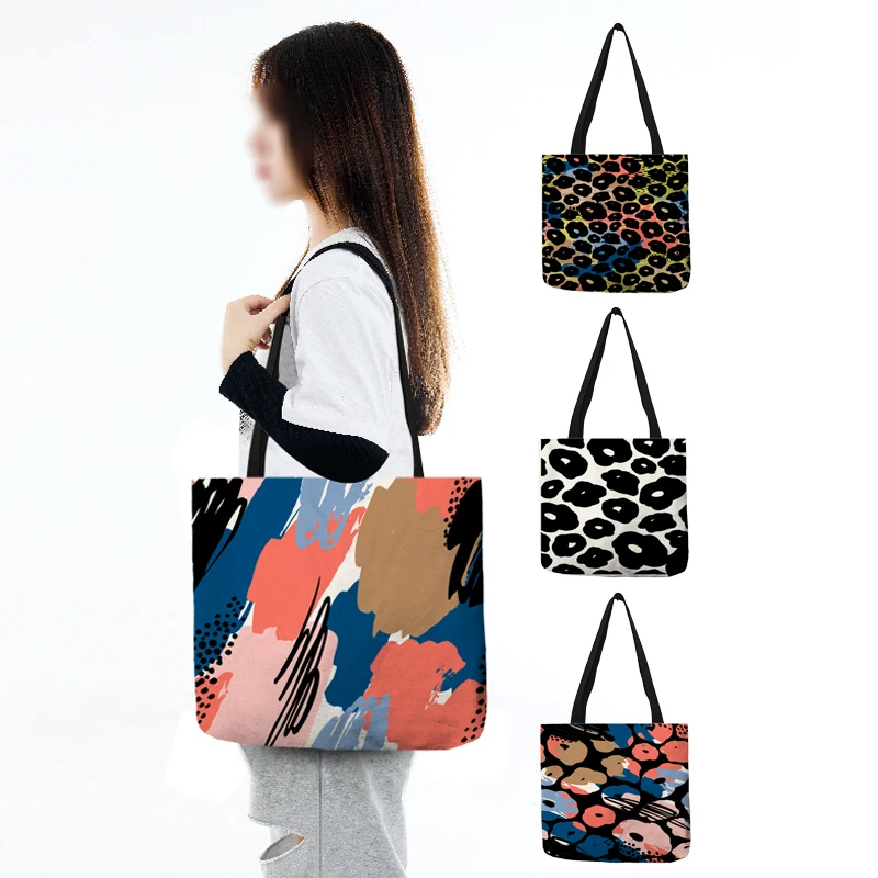 Vintage Retro Geometry Leopard Print Foldable Shopping Bag High Quality Eco Friendly Reusable Grocery Tote Handbag Shoulder Bags