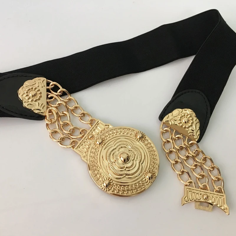 2023 Ladies Floral Elastic Gold Chain Belt Female Waist Golden Metal Flower Designer Belts For Women Dress Stretch Cummerbunds